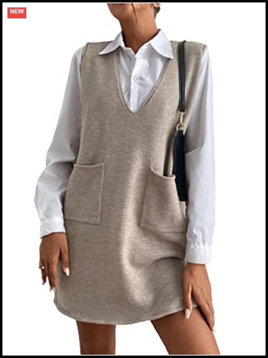 Other - Sleeveless V Neck Sweater Vest Dress Loose Fit Pockets Fall Casual